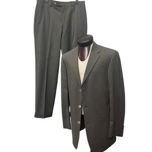Wilke-Rodriguez Men 40L/34 Olive Green Wool 3 Button Suit Pleated Pants Cuff